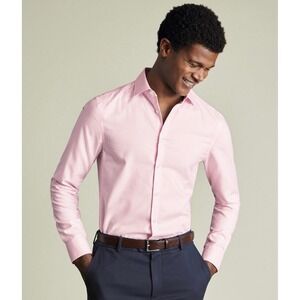 Charles Tyrwhitt Pink Gingham Slim Fit Cotton Linen Dress Shirt 16.5/36 NEW